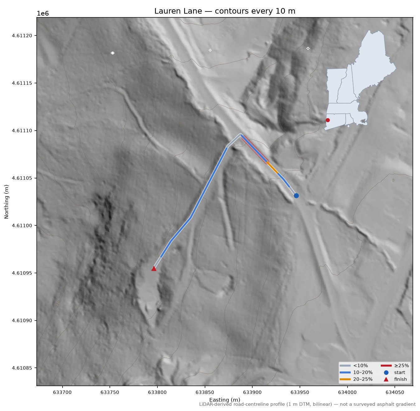 Lauren Lane LiDAR hillshade map with contours