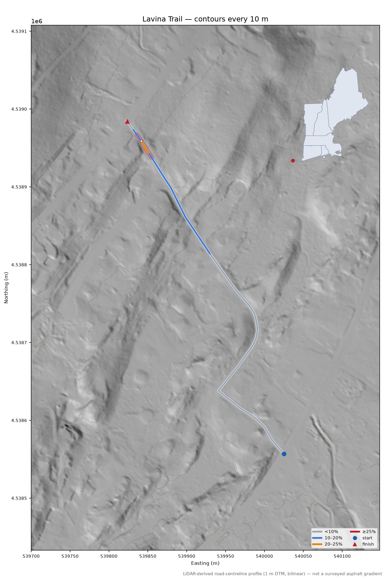 Lavina Trail LiDAR hillshade map with contours