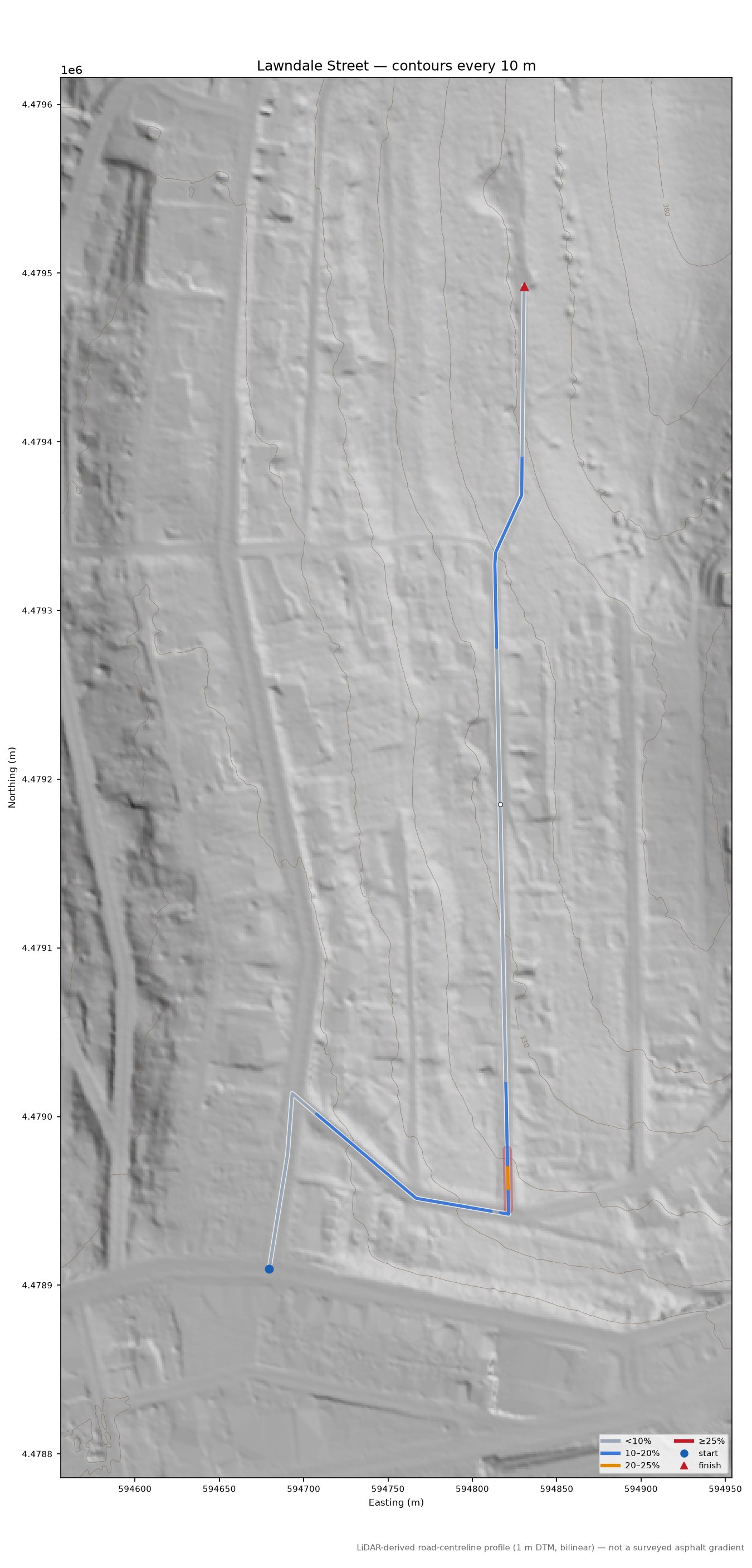 Lawndale Street LiDAR hillshade map with contours