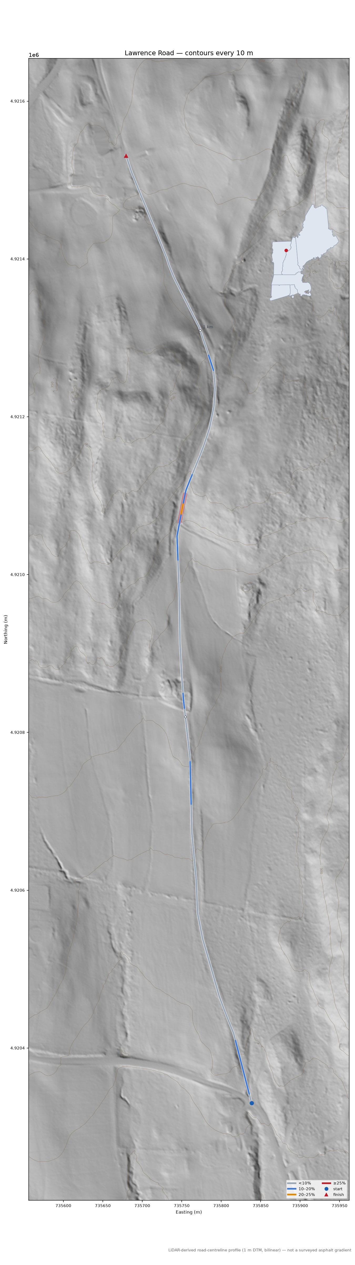 Lawrence Road LiDAR hillshade map with contours
