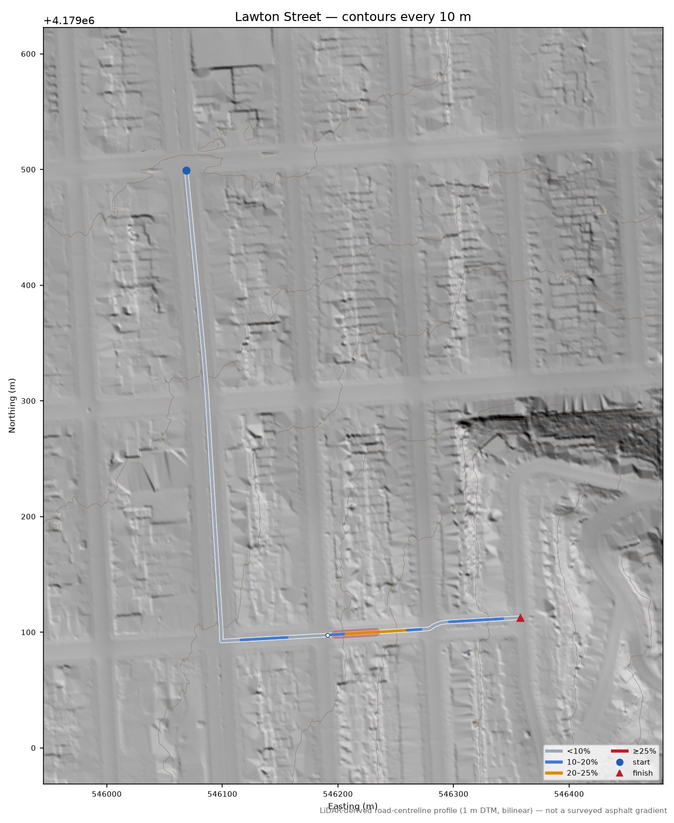 Lawton Street LiDAR hillshade map with contours
