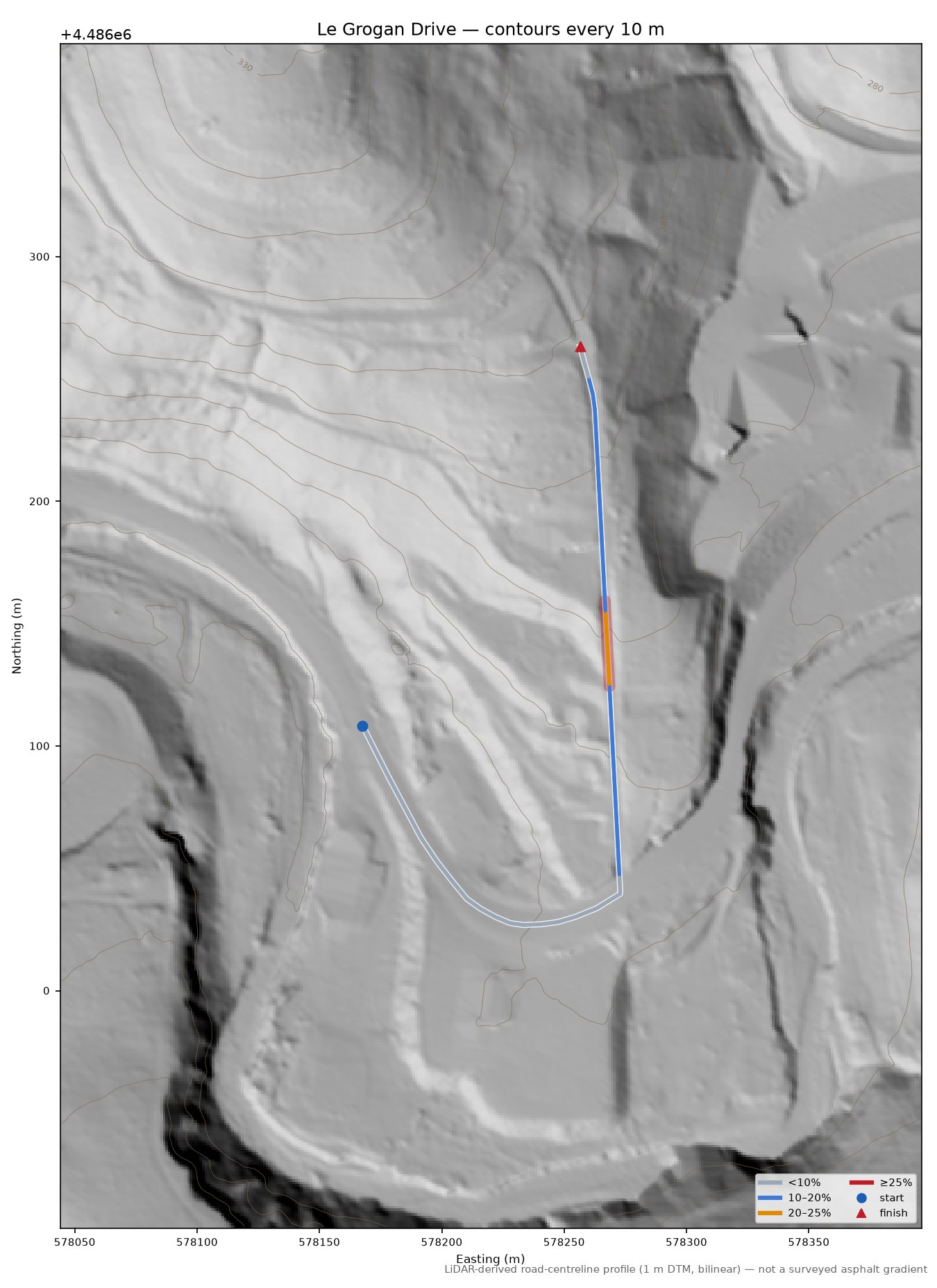 Le Grogan Drive LiDAR hillshade map with contours