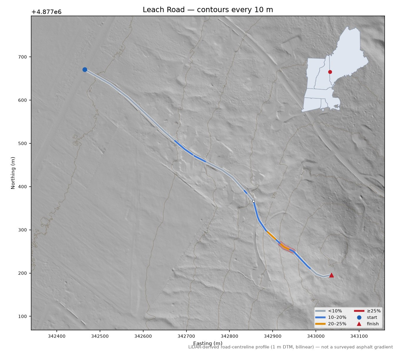 Leach Road LiDAR hillshade map with contours