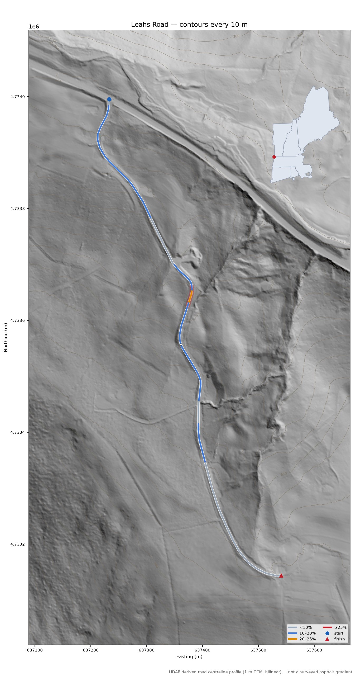Leahs Road LiDAR hillshade map with contours