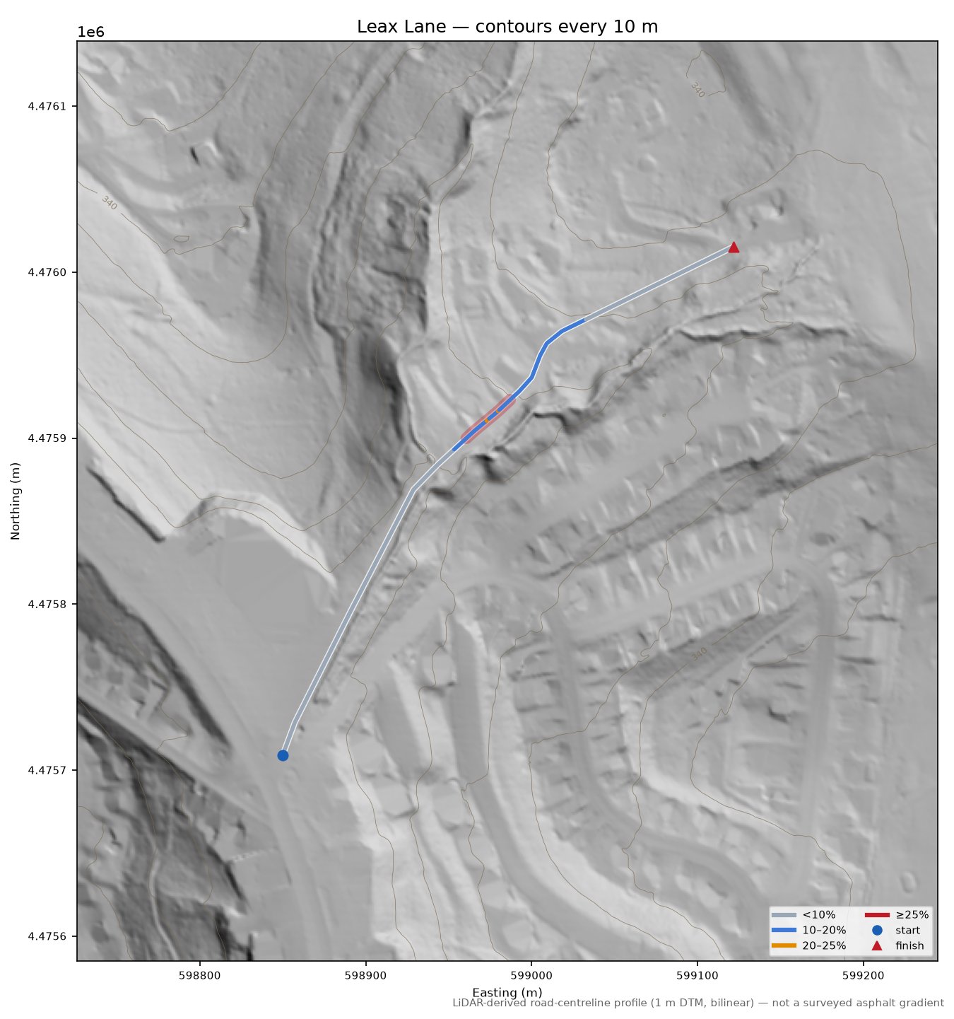 Leax Lane LiDAR hillshade map with contours