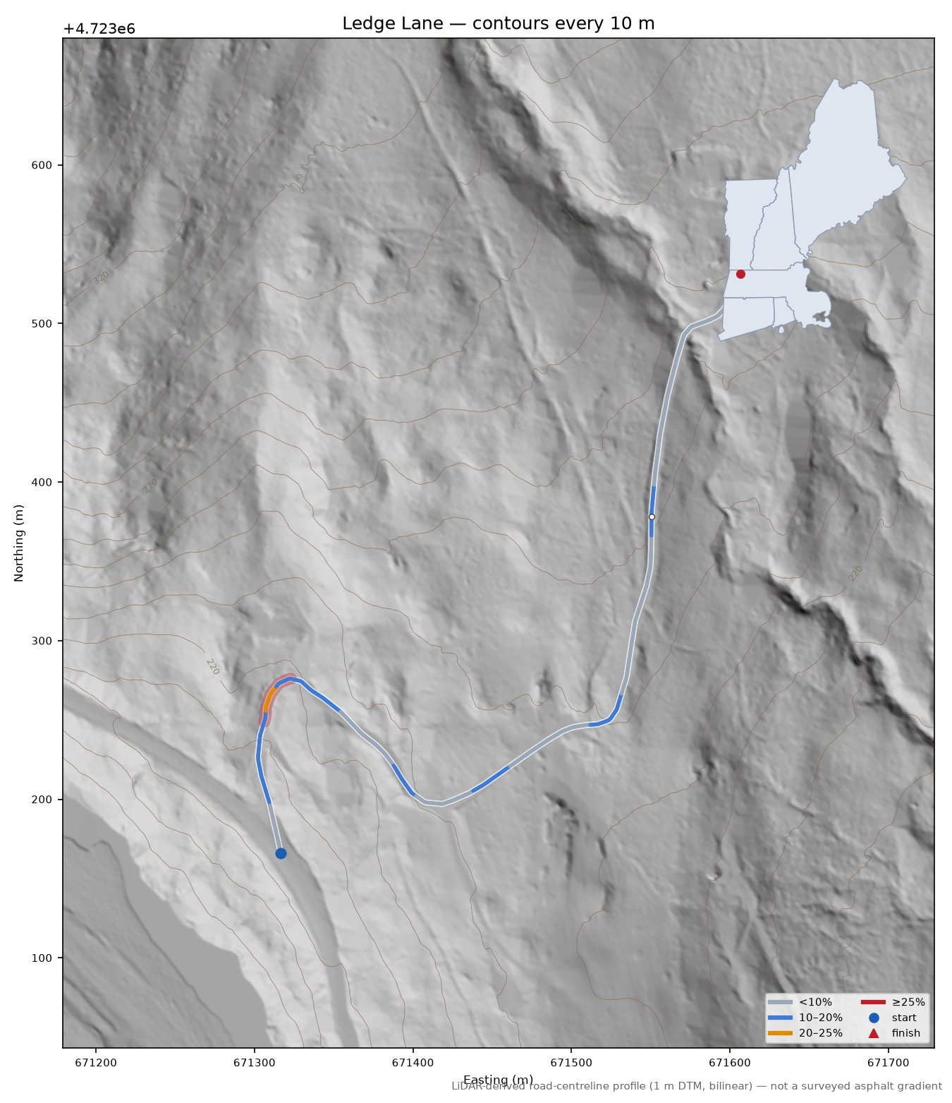 Ledge Lane LiDAR hillshade map with contours