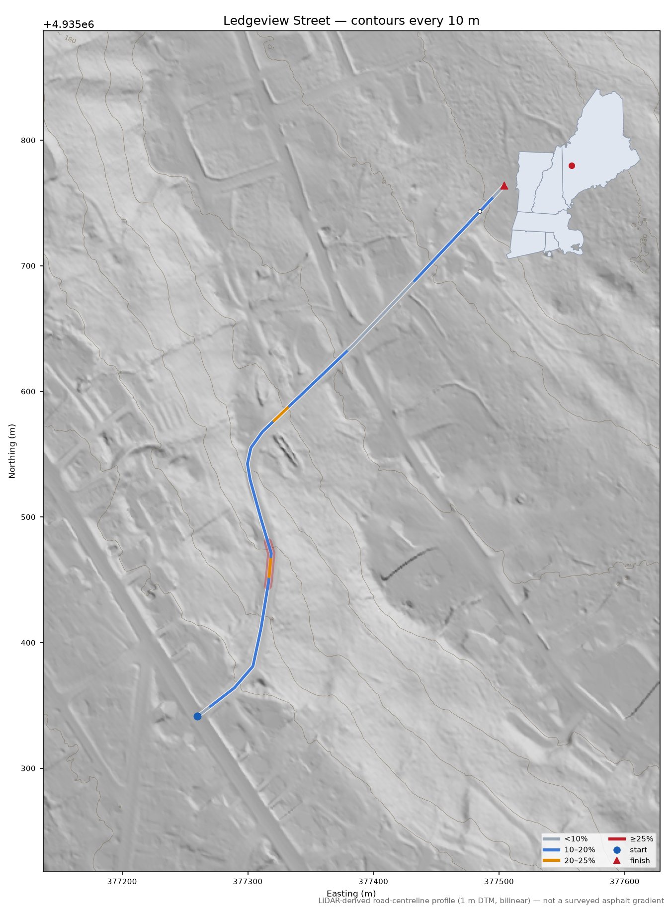 Ledgeview Street LiDAR hillshade map with contours