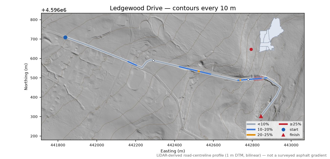 Ledgewood Drive LiDAR hillshade map with contours