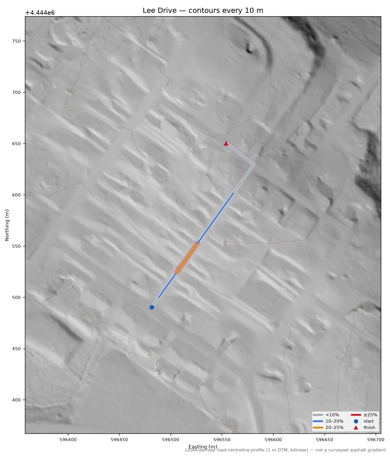 Lee Drive LiDAR hillshade map with contours