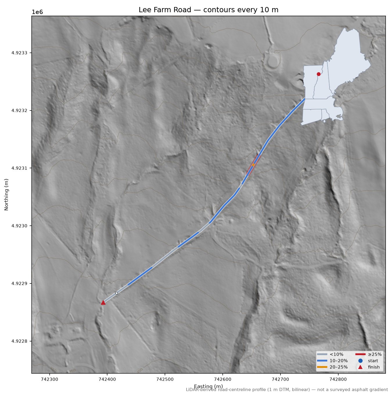 Lee Farm Road LiDAR hillshade map with contours