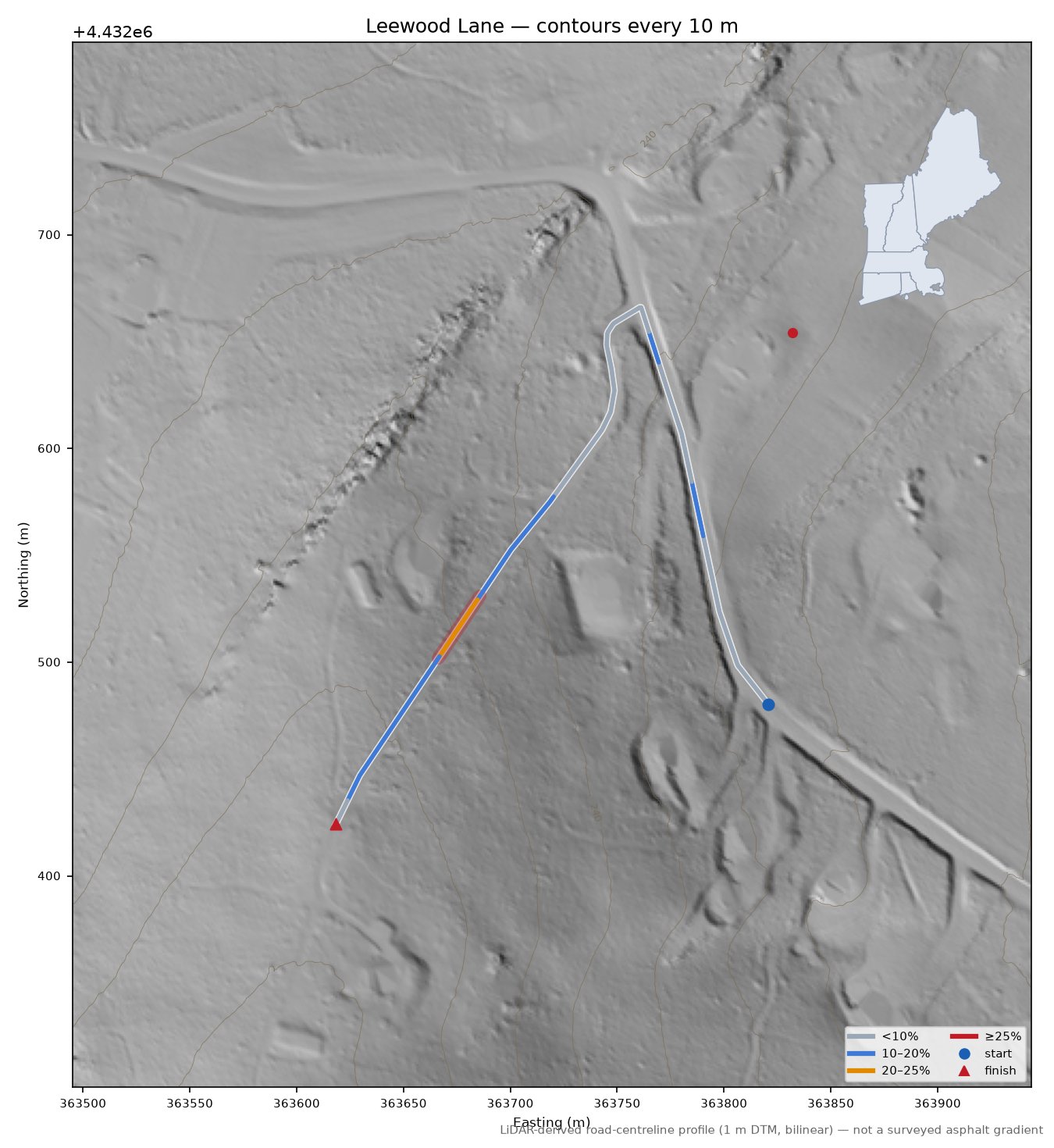 Leewood Lane LiDAR hillshade map with contours