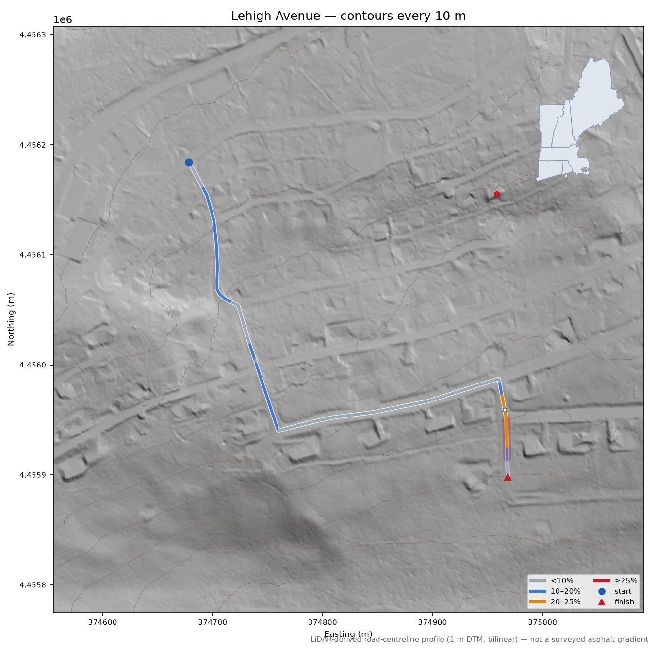 Lehigh Avenue LiDAR hillshade map with contours