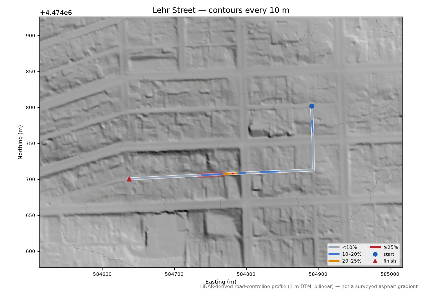 Lehr Street LiDAR hillshade map with contours