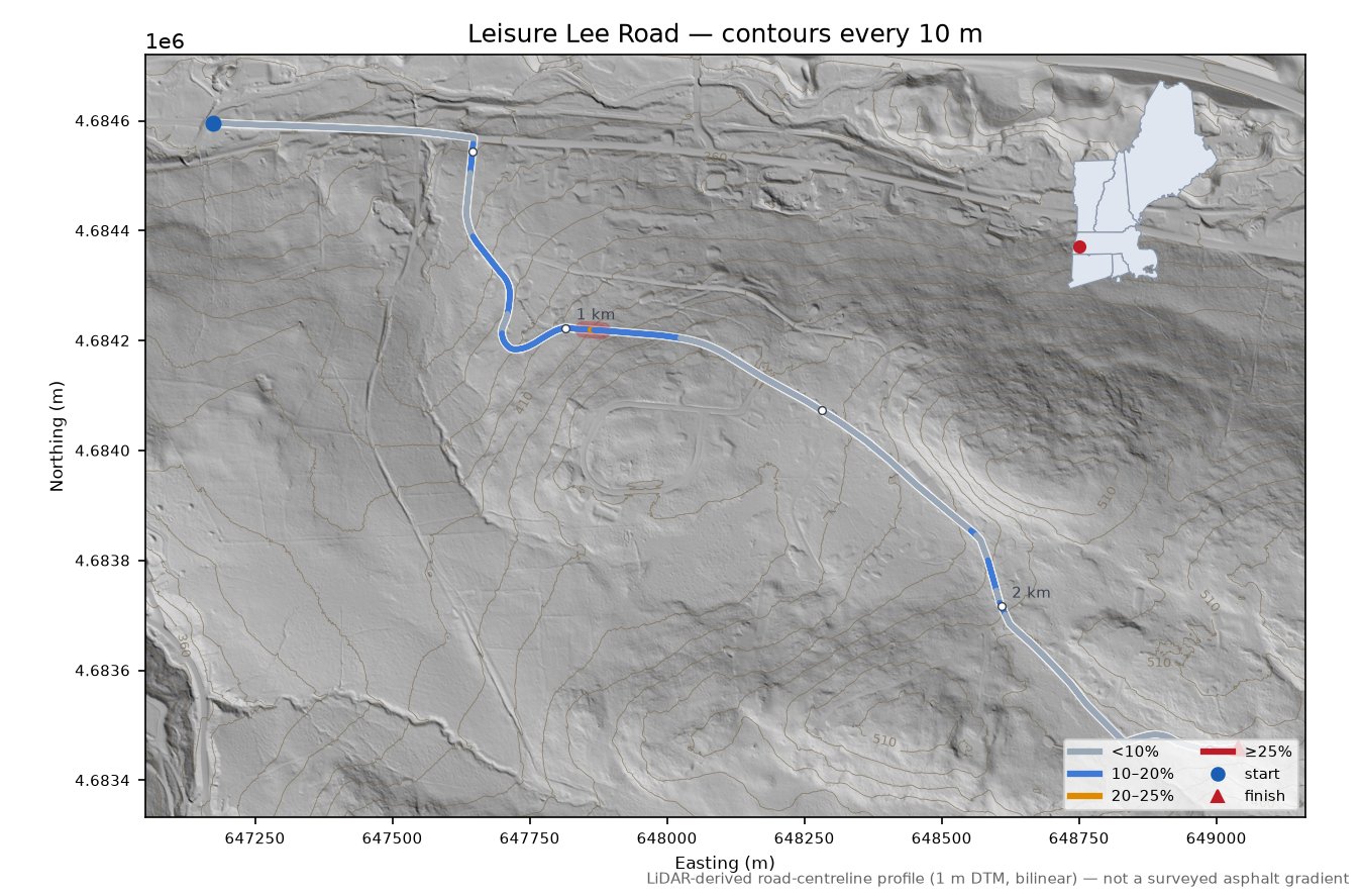 Leisure Lee Road LiDAR hillshade map with contours