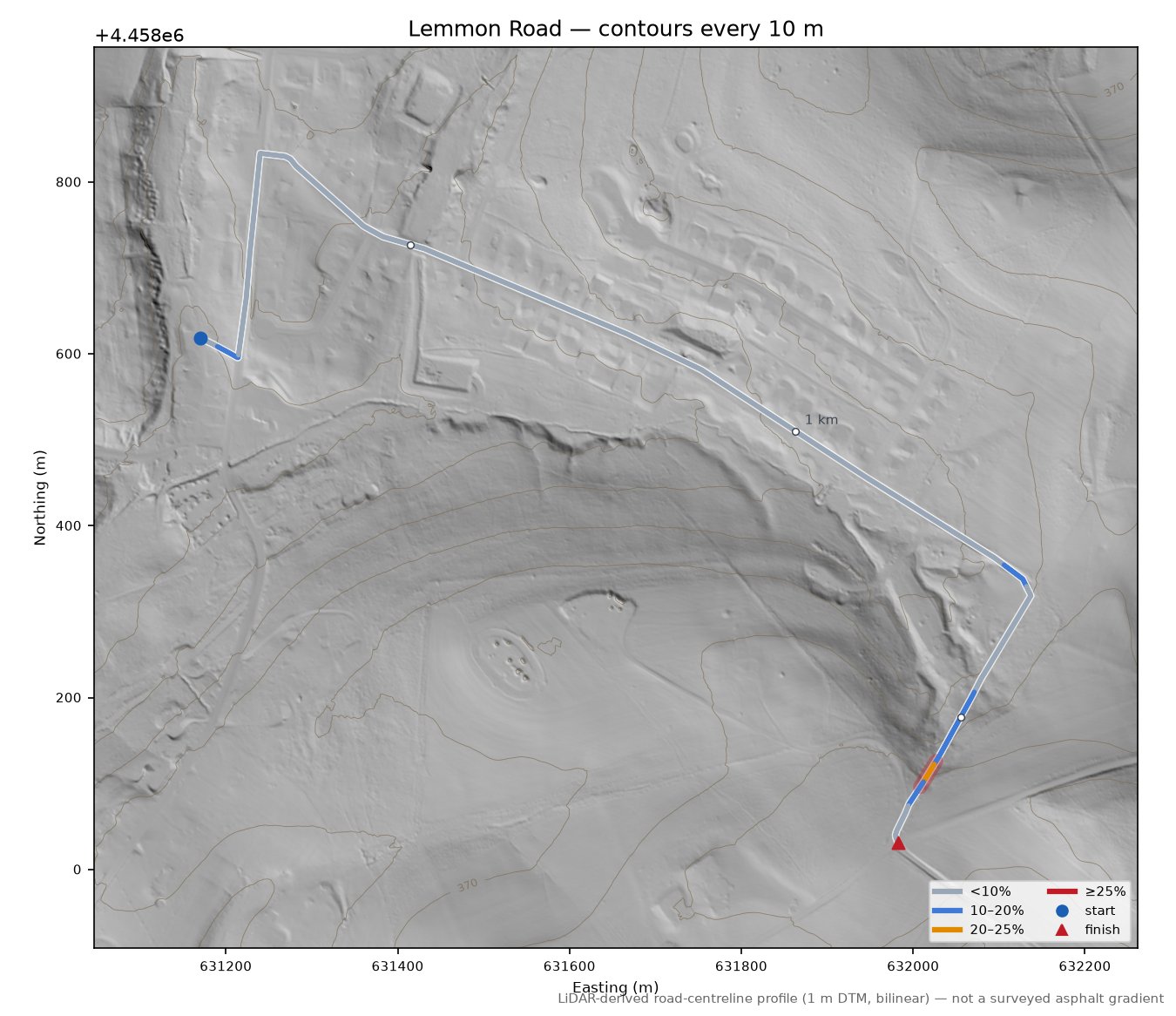 Lemmon Road LiDAR hillshade map with contours