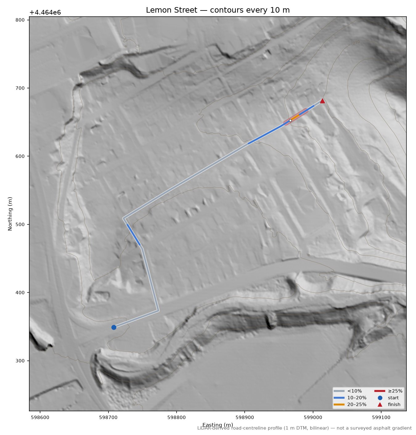 Lemon Street LiDAR hillshade map with contours