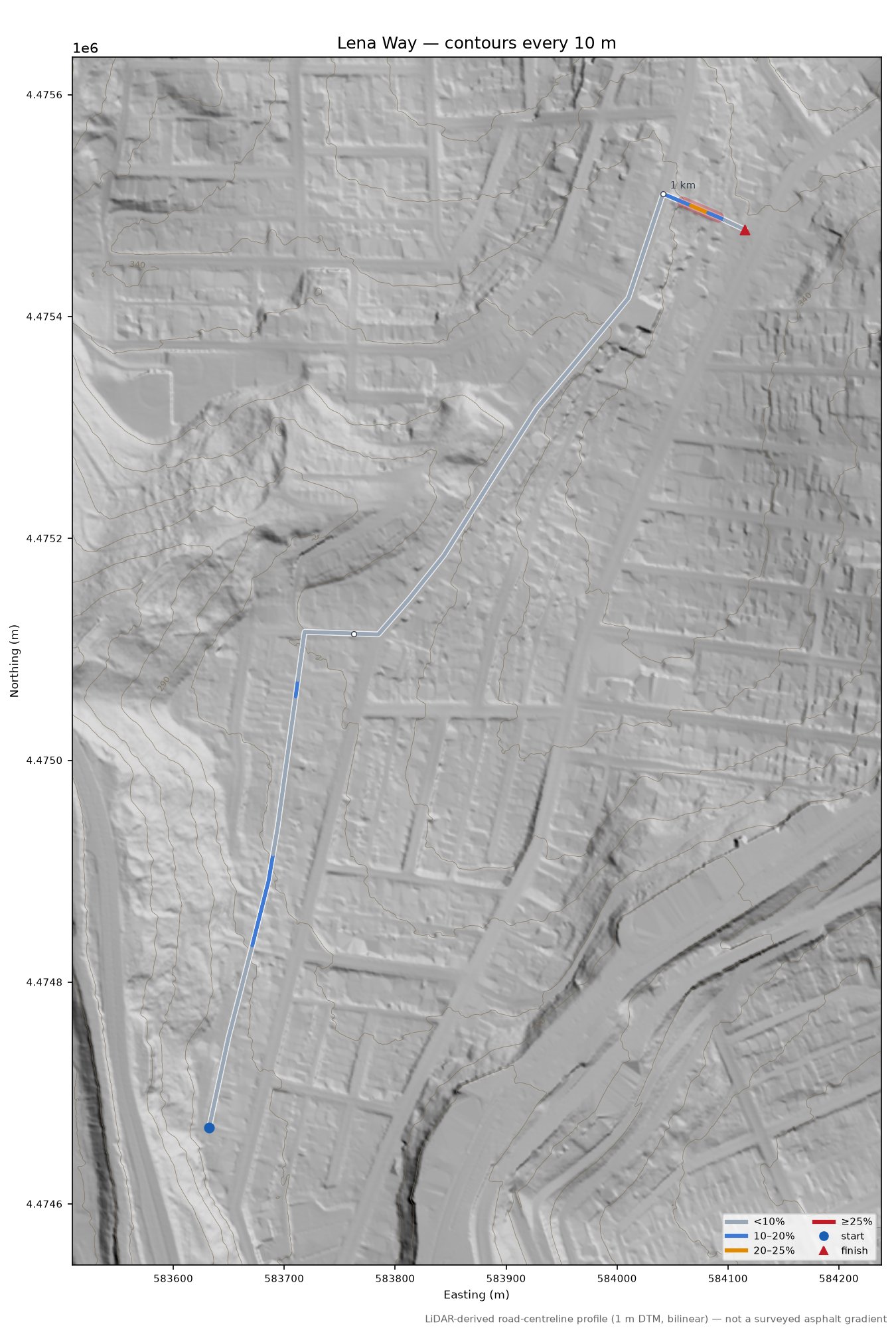 Lena Way LiDAR hillshade map with contours