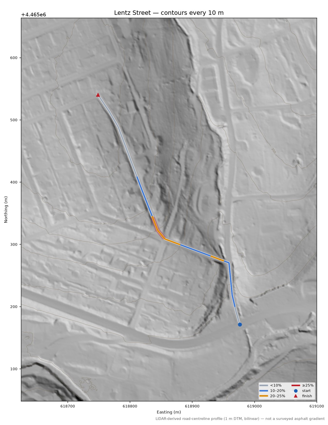 Lentz Street LiDAR hillshade map with contours