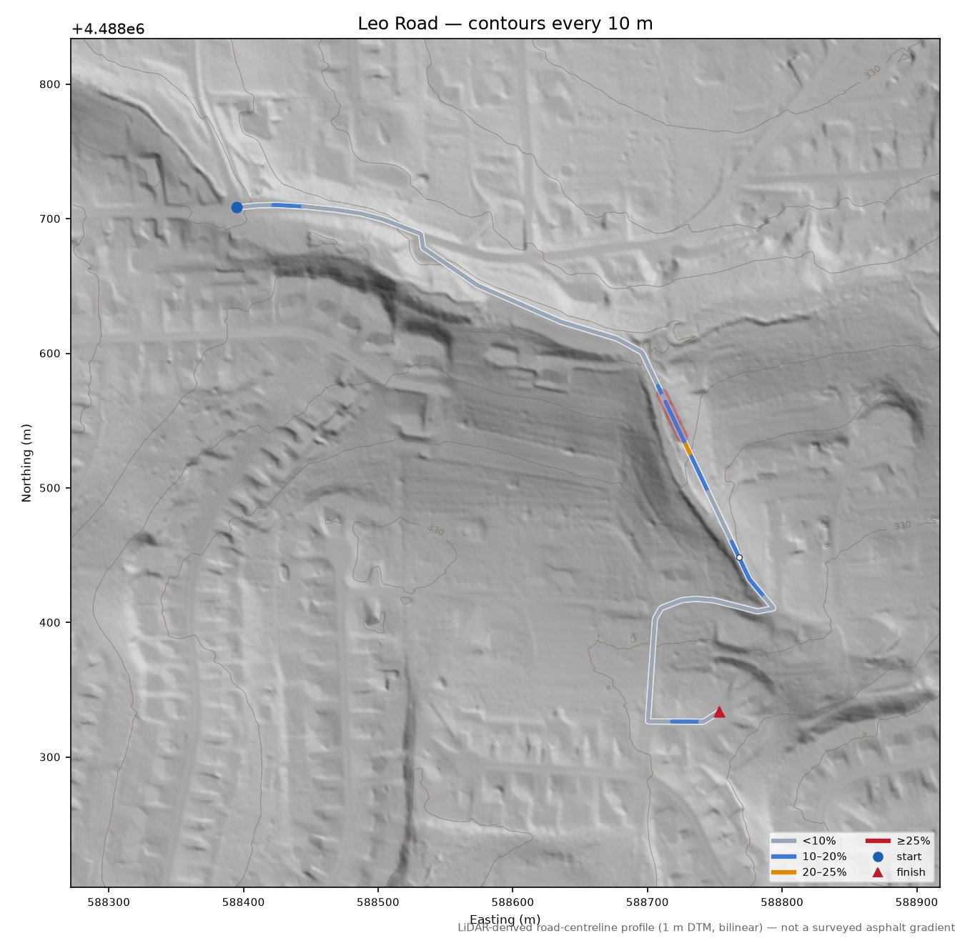 Leo Road LiDAR hillshade map with contours