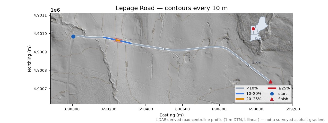 Lepage Road LiDAR hillshade map with contours