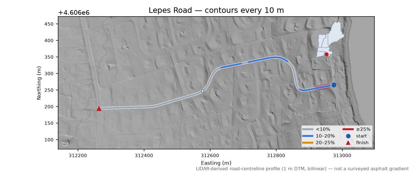Lepes Road LiDAR hillshade map with contours