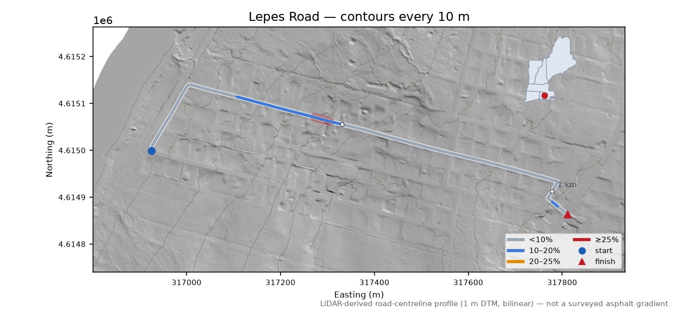 Lepes Road LiDAR hillshade map with contours