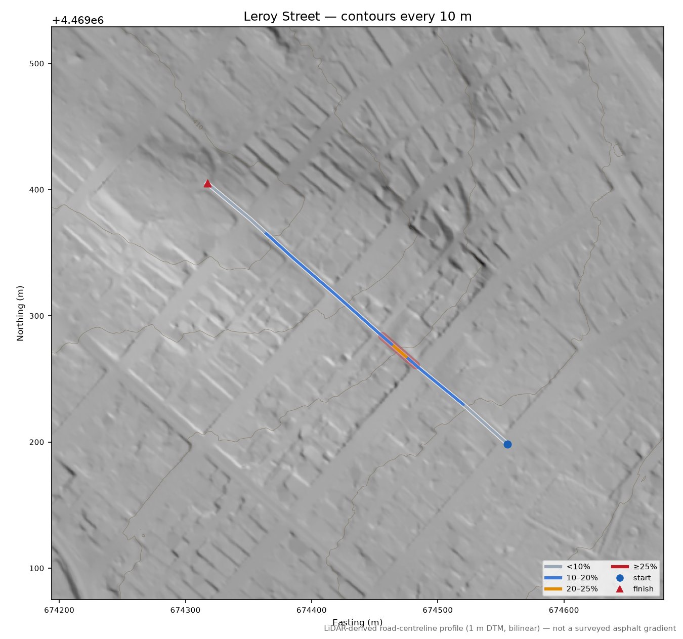 Leroy Street LiDAR hillshade map with contours