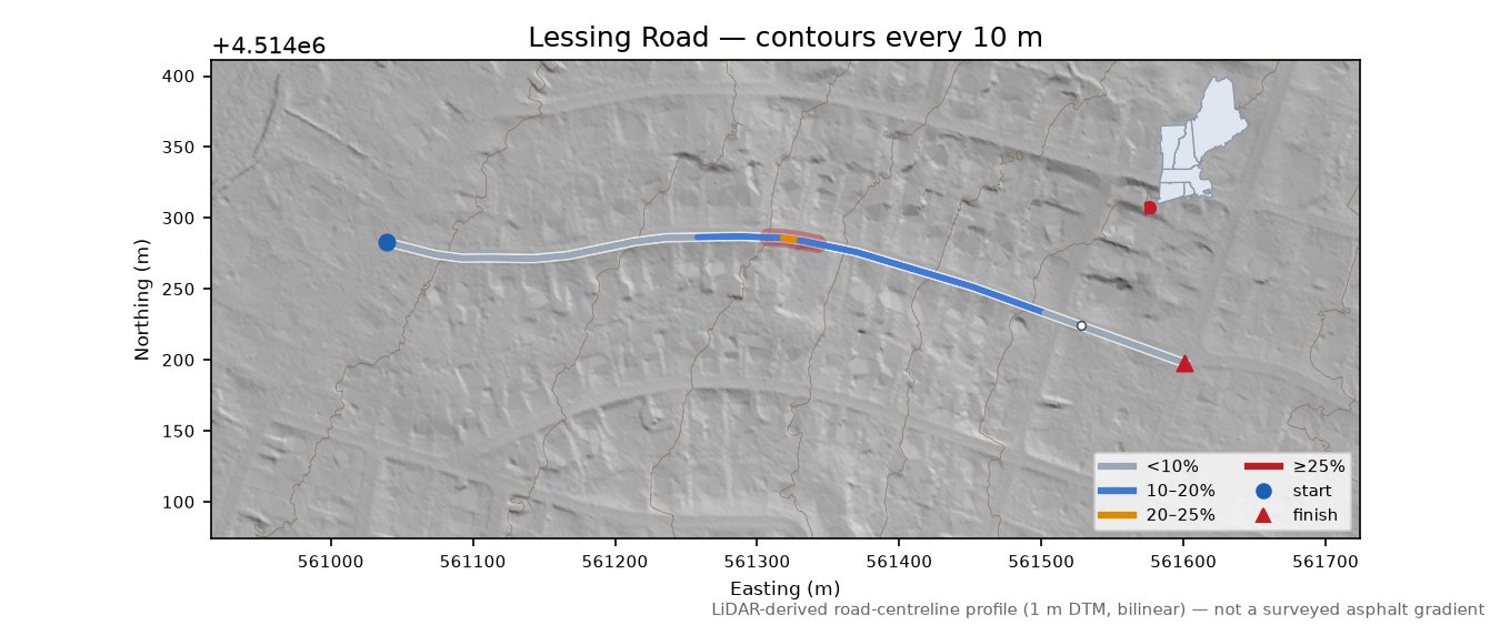 Lessing Road LiDAR hillshade map with contours