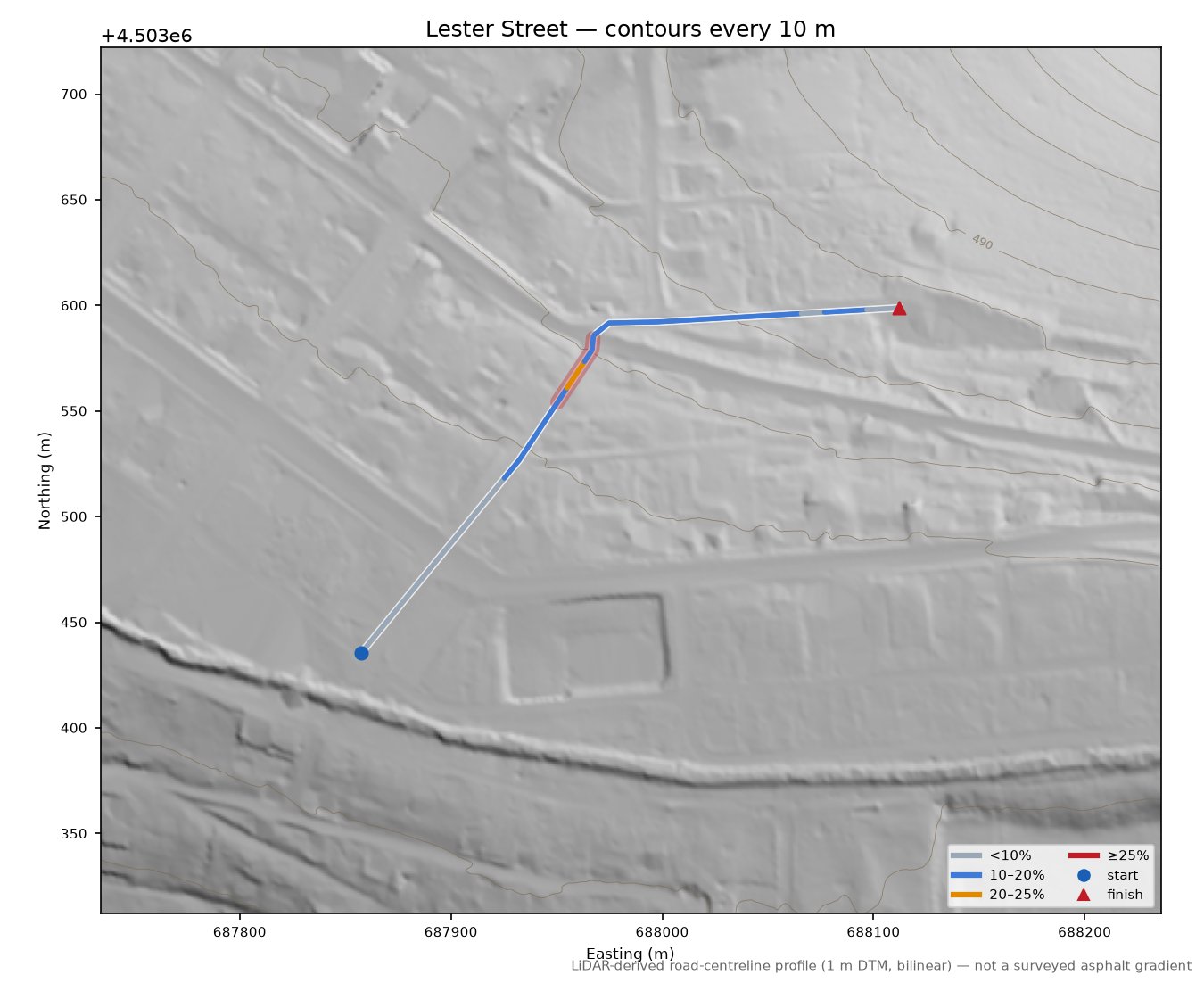 Lester Street LiDAR hillshade map with contours