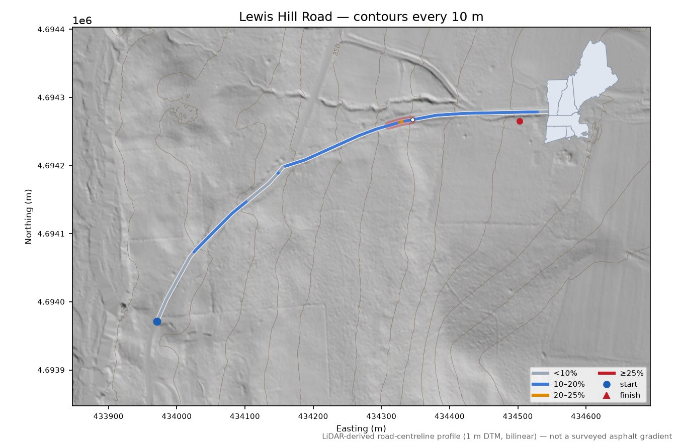 Lewis Hill Road LiDAR hillshade map with contours