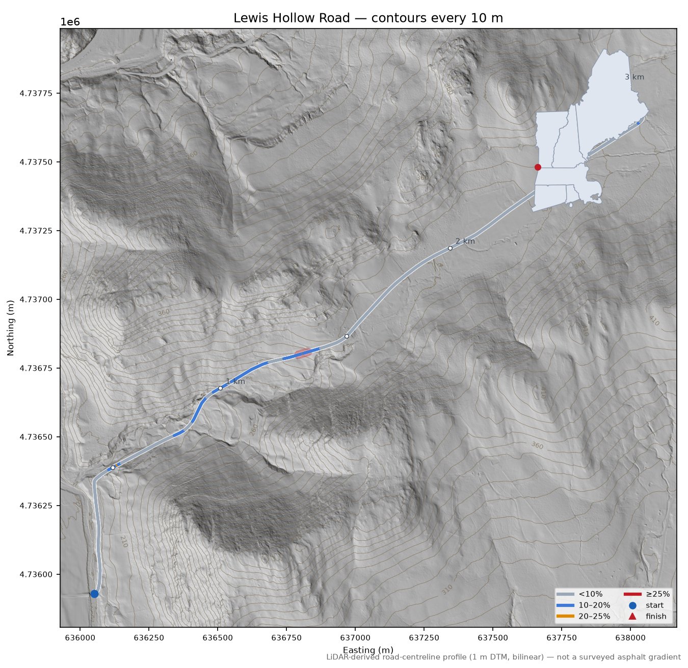 Lewis Hollow Road LiDAR hillshade map with contours