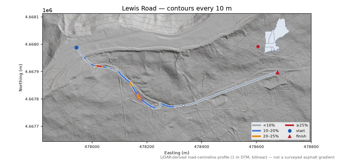 Lewis Road LiDAR hillshade map with contours