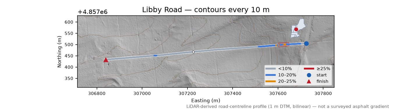 Libby Road LiDAR hillshade map with contours