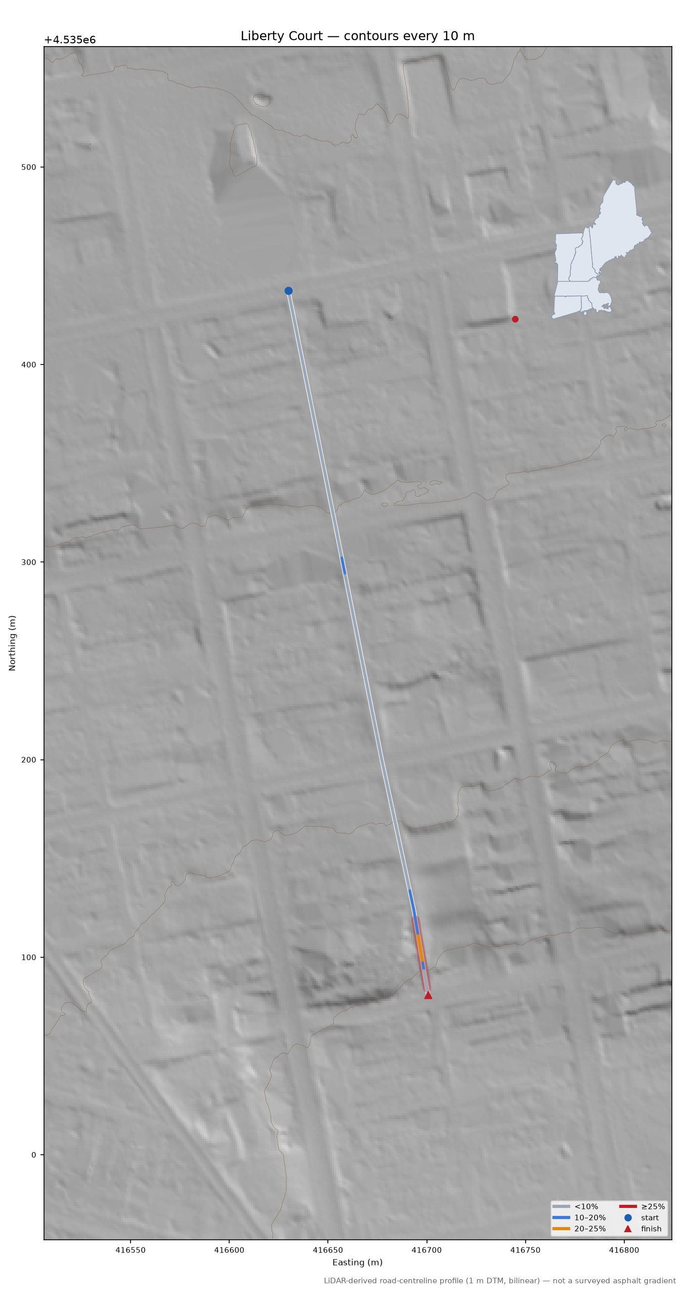 Liberty Court LiDAR hillshade map with contours