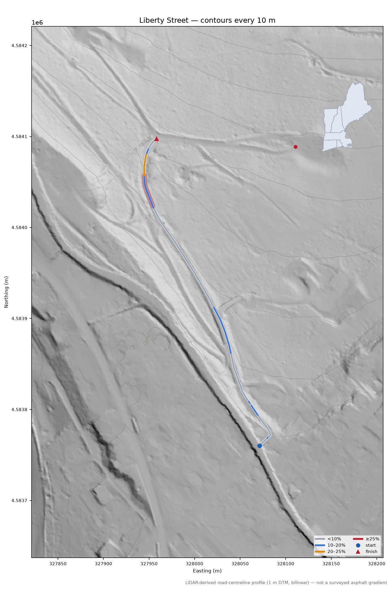 Liberty Street LiDAR hillshade map with contours