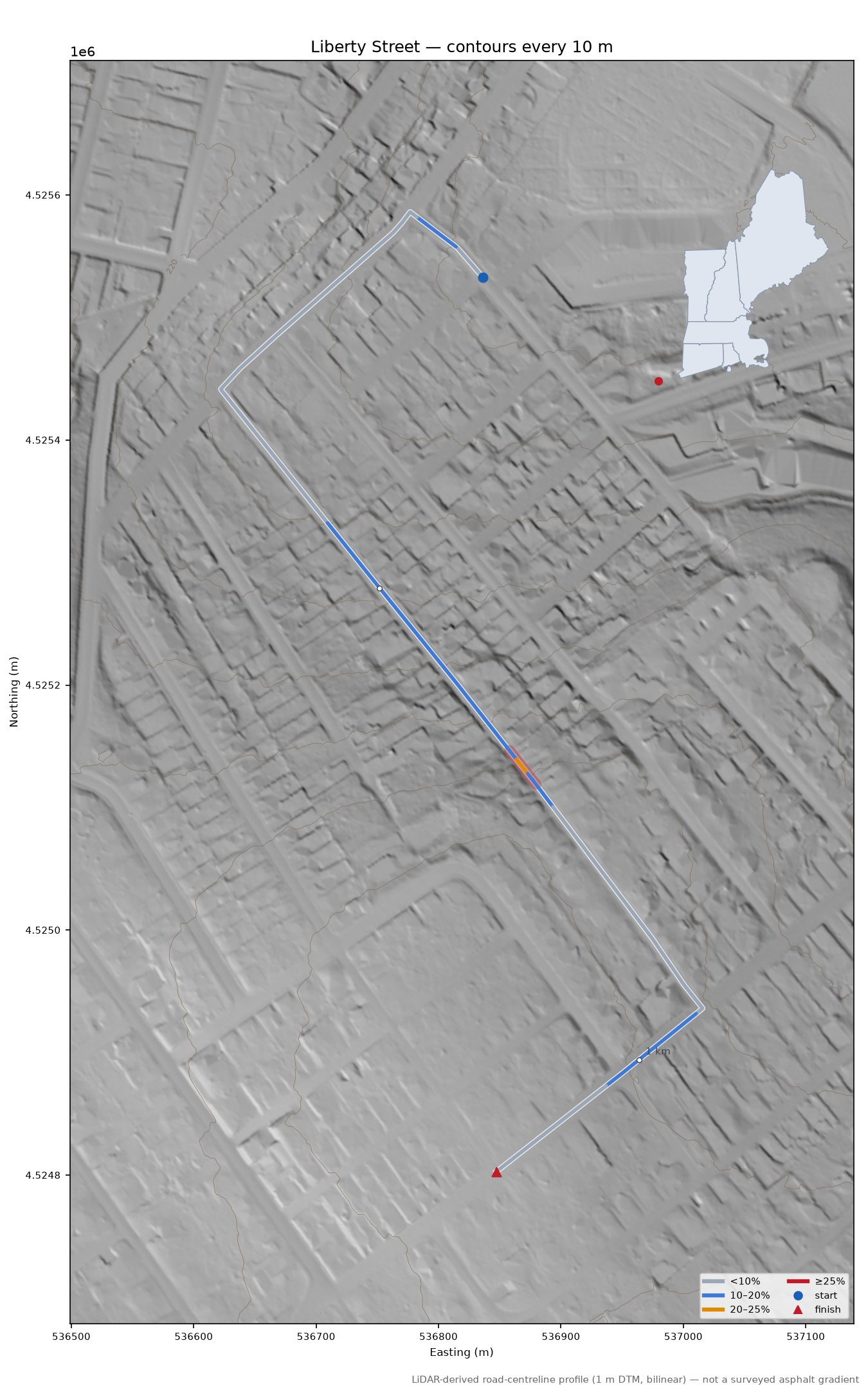 Liberty Street LiDAR hillshade map with contours
