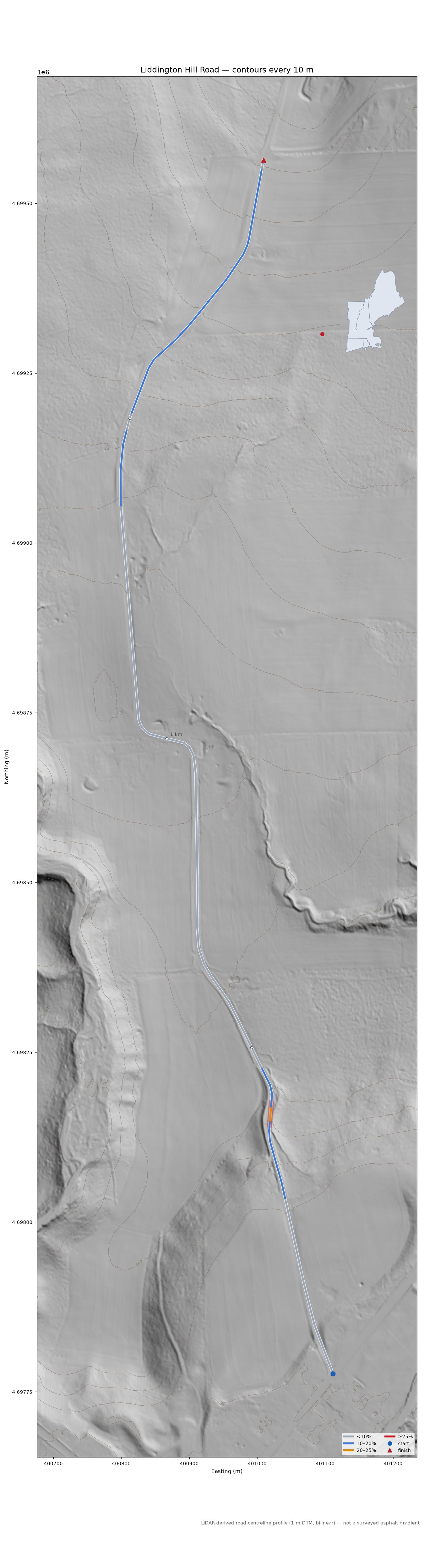 Liddington Hill Road LiDAR hillshade map with contours