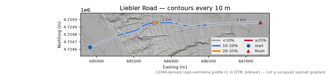 Liebler Road LiDAR hillshade map with contours