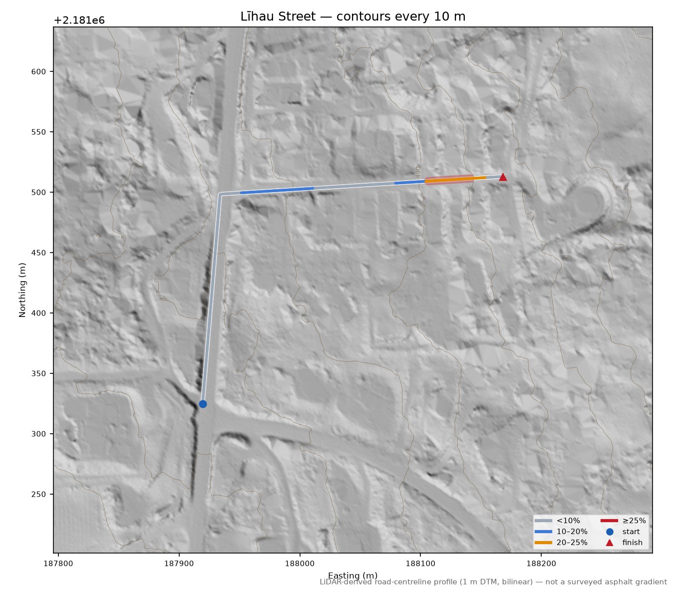 Līhau Street LiDAR hillshade map with contours