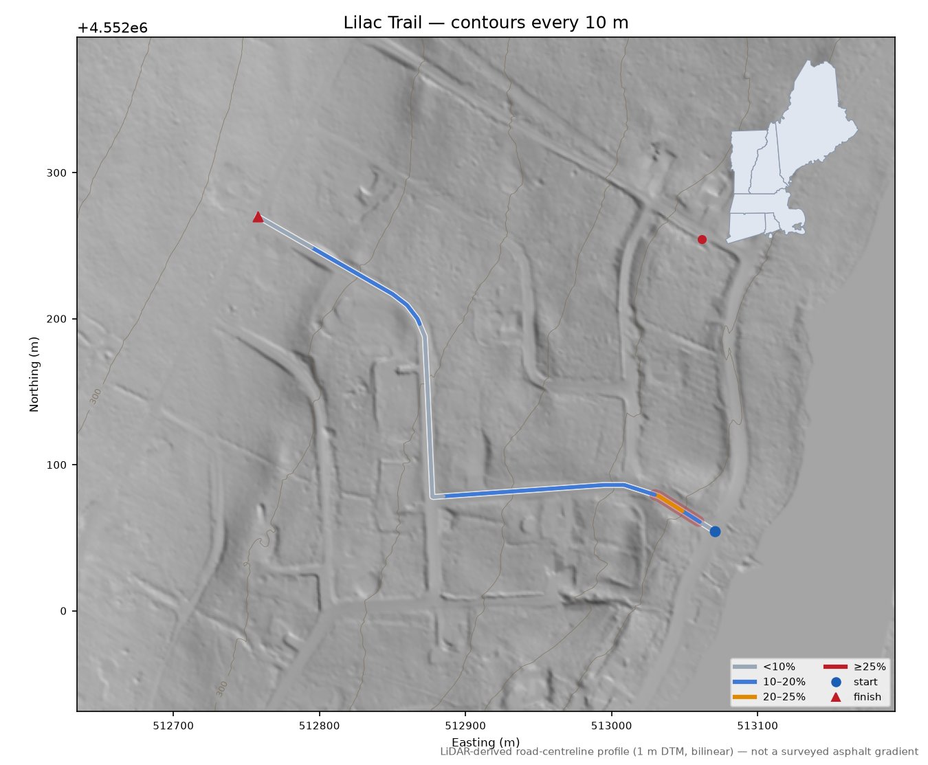 Lilac Trail LiDAR hillshade map with contours