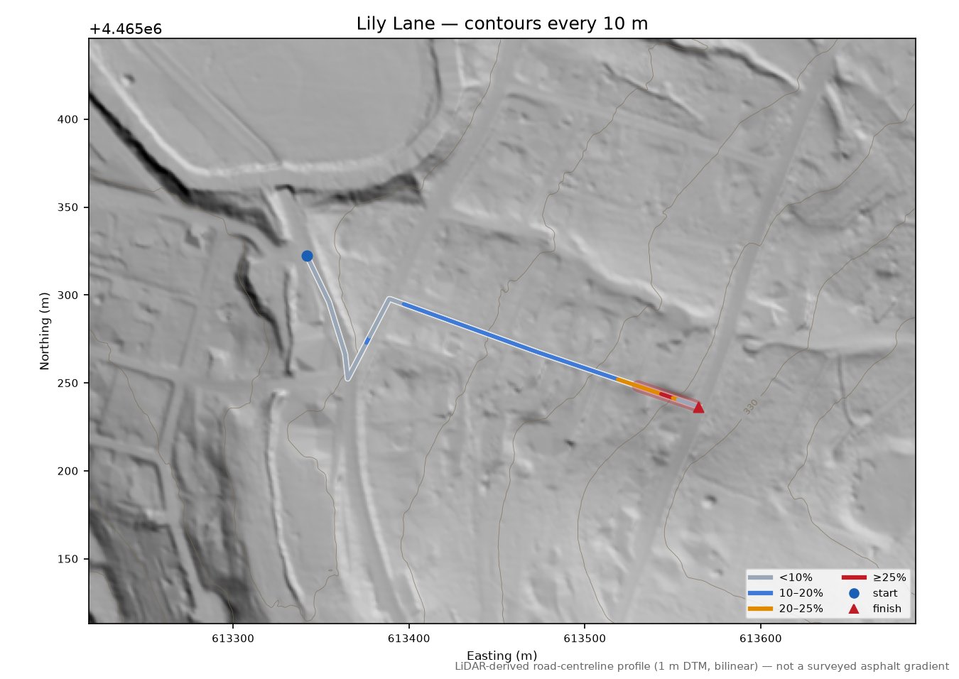 Lily Lane LiDAR hillshade map with contours