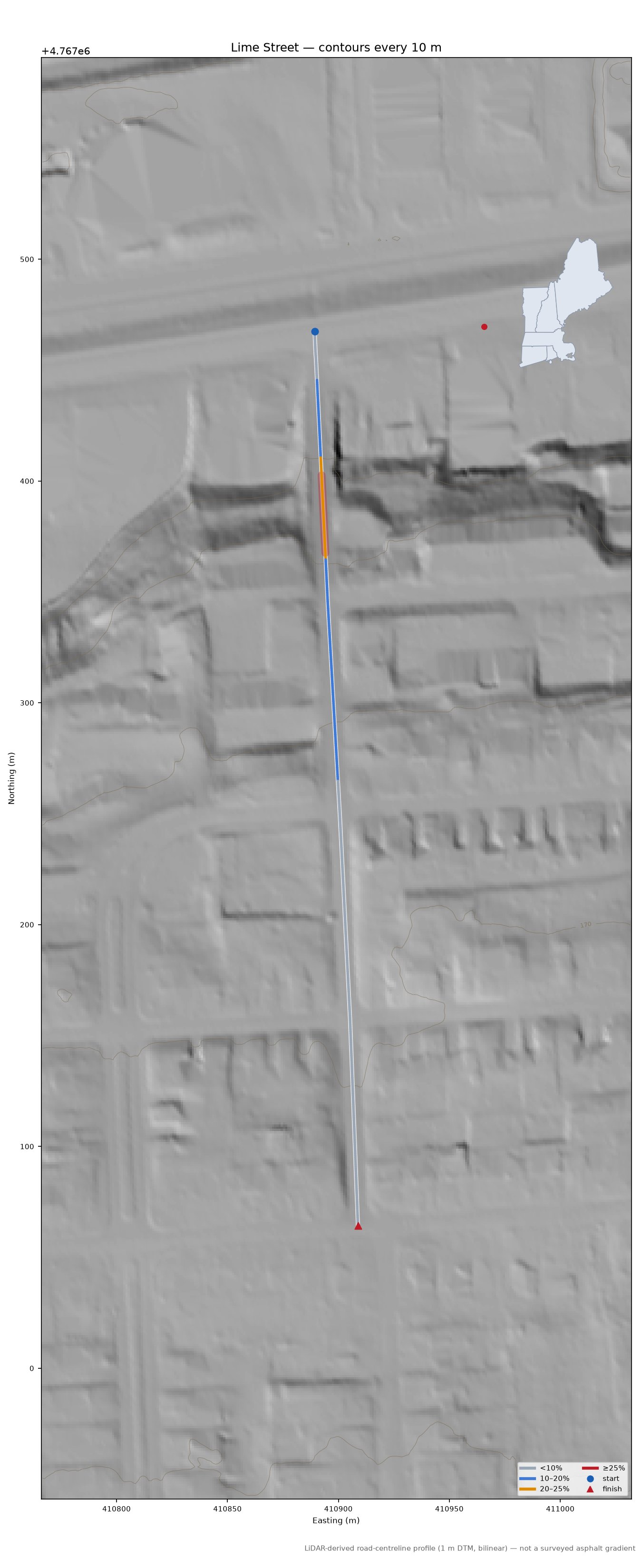 Lime Street LiDAR hillshade map with contours