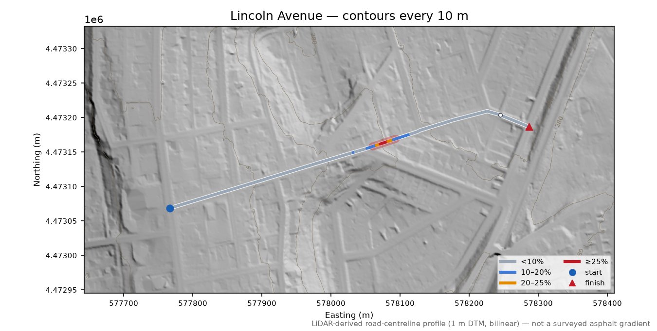Lincoln Avenue LiDAR hillshade map with contours