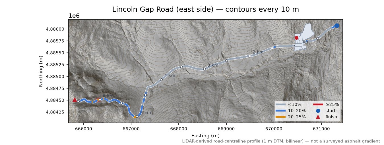 Lincoln Gap Road (east side) LiDAR hillshade map with contours