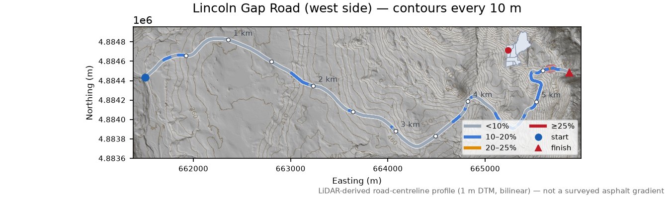 Lincoln Gap Road (west side) LiDAR hillshade map with contours