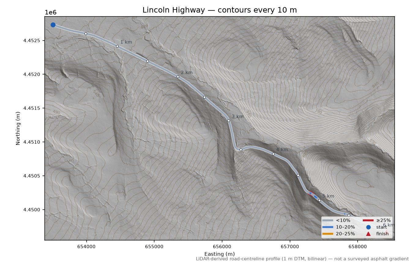 Lincoln Highway LiDAR hillshade map with contours