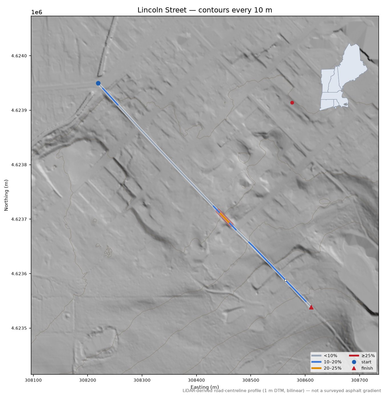 Lincoln Street LiDAR hillshade map with contours