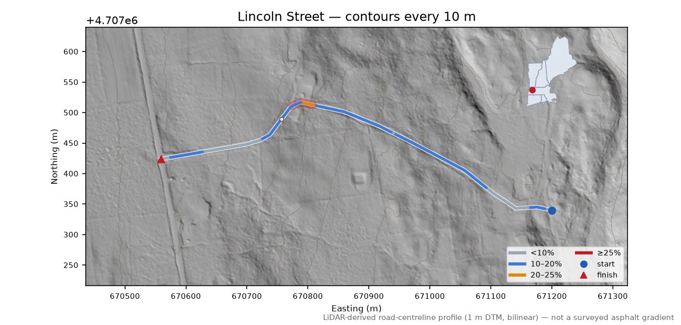 Lincoln Street LiDAR hillshade map with contours