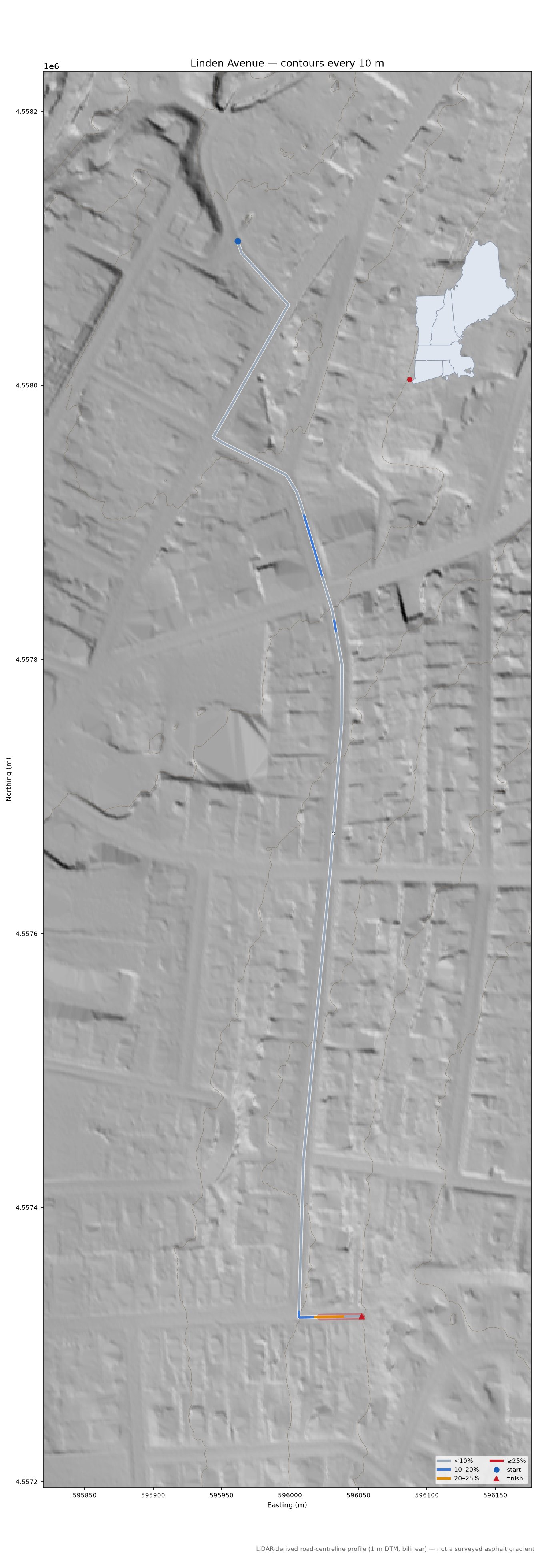 Linden Avenue LiDAR hillshade map with contours