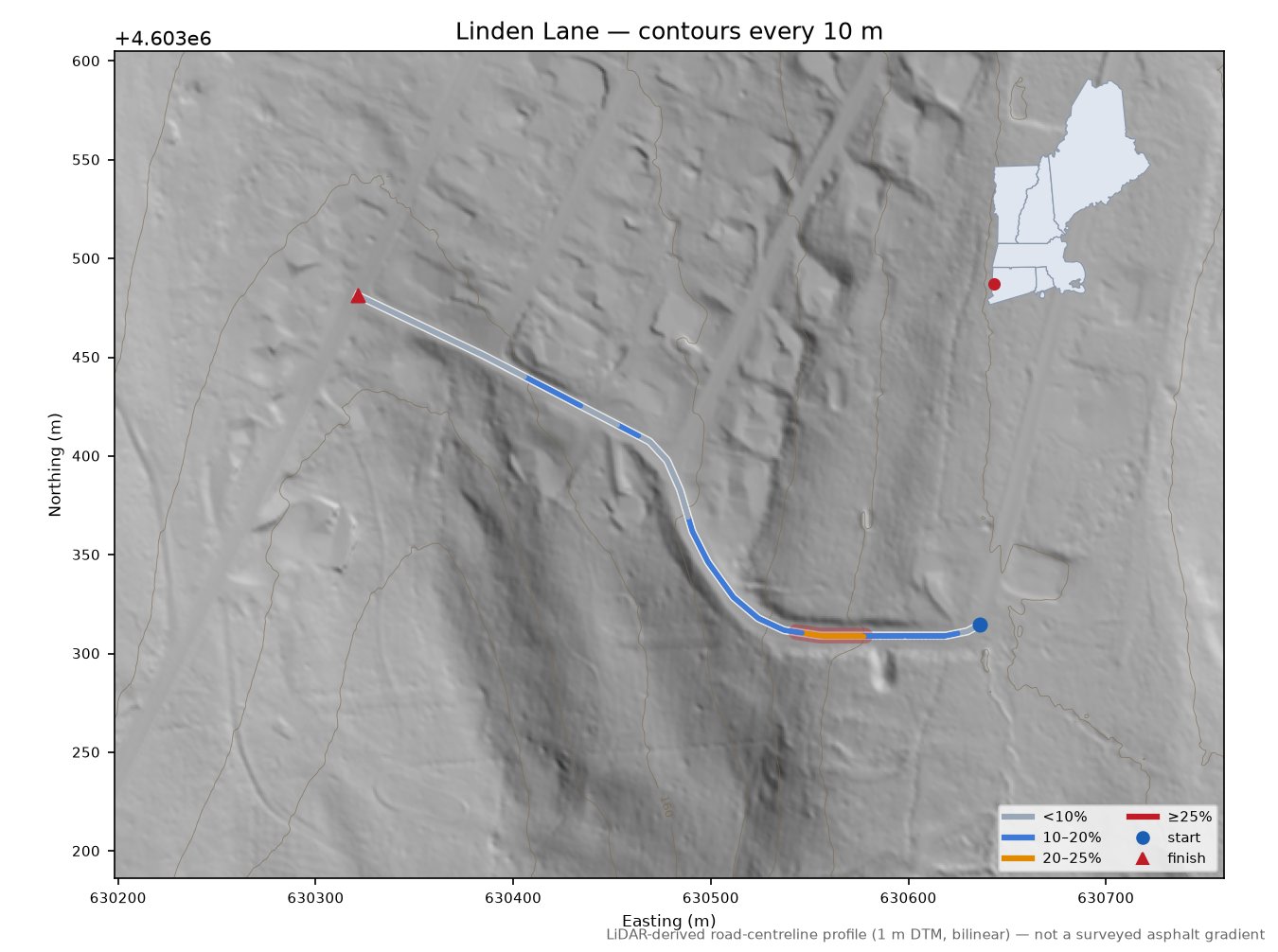 Linden Lane LiDAR hillshade map with contours